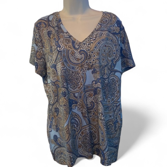 Tommy Hilfiger V-Neck Paisley Print Blue and Brown Women's Top - Picture 7 of 7